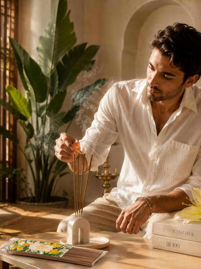 Amber oud agarbatti incense sticks in hand, with lit incense rising nearby