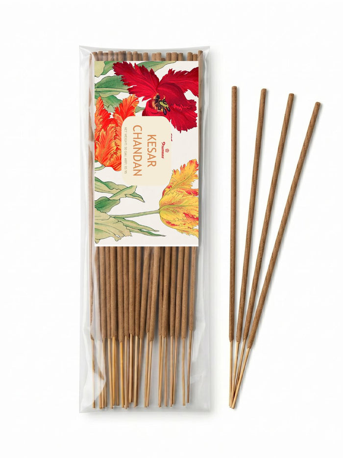 Wrapped pack of brown incense sticks with three long sticks aligned