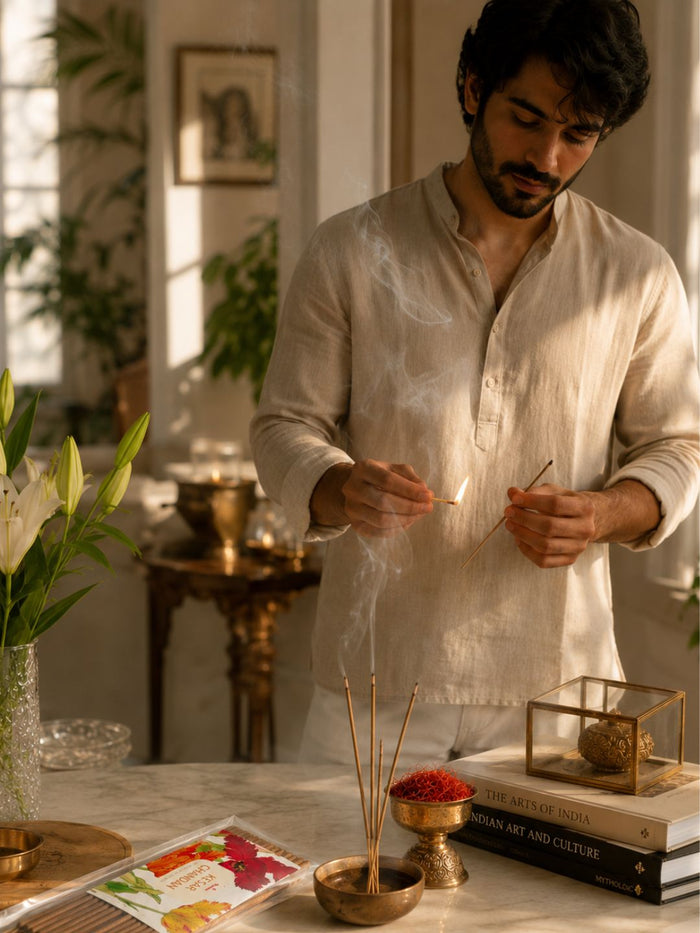 Incense sticks in a small burner tray with decorative pack on tabletop