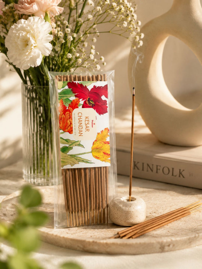 Sandalwood agarbatti sticks with decorative incense pack and loose sticks on tray