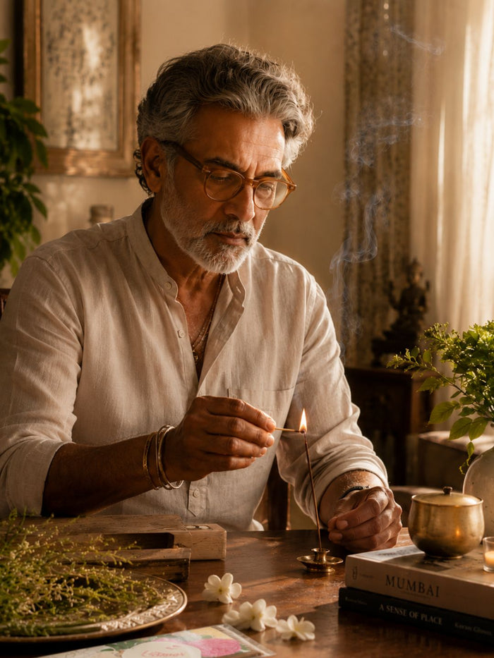 Burning incense stick held by hands with smoke near a brass prayer plate