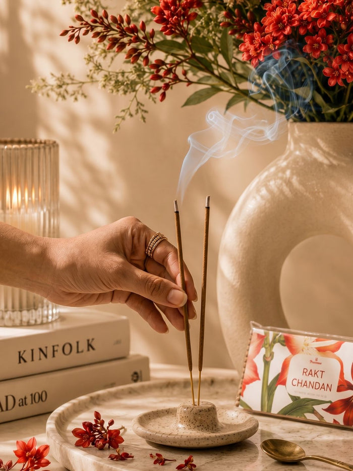 Incense sticks being lit with hand, smoke rising, and floral incense pack nearby