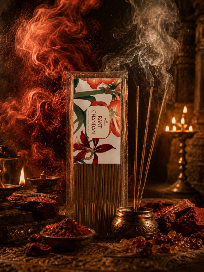 Incense sticks gift pack with printed label and several wooden sticks, with smoke