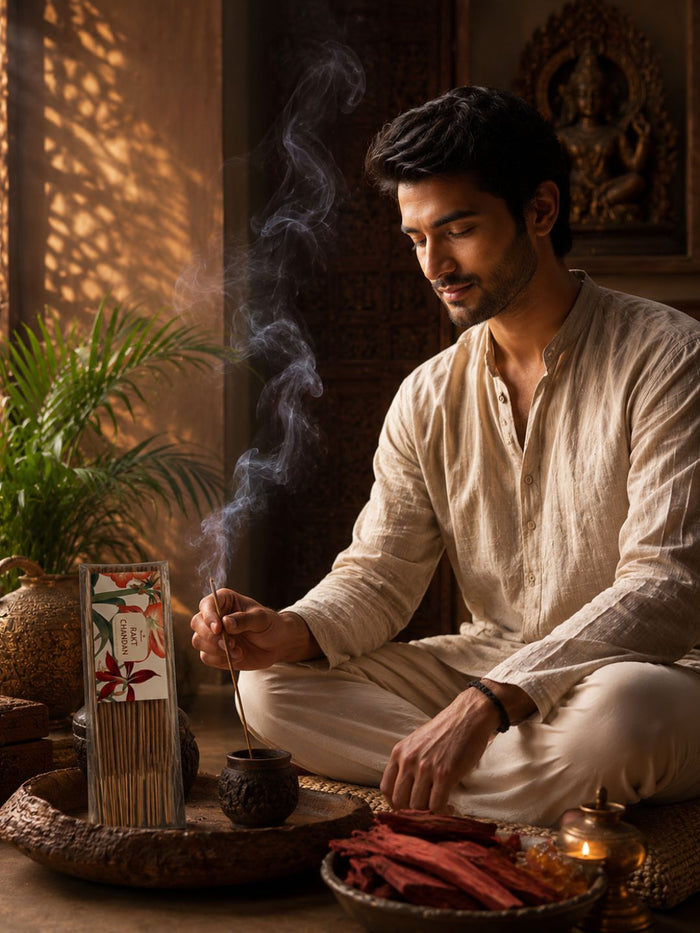 Incense sticks pack with smoke as a person lights a wooden incense stick indoors
