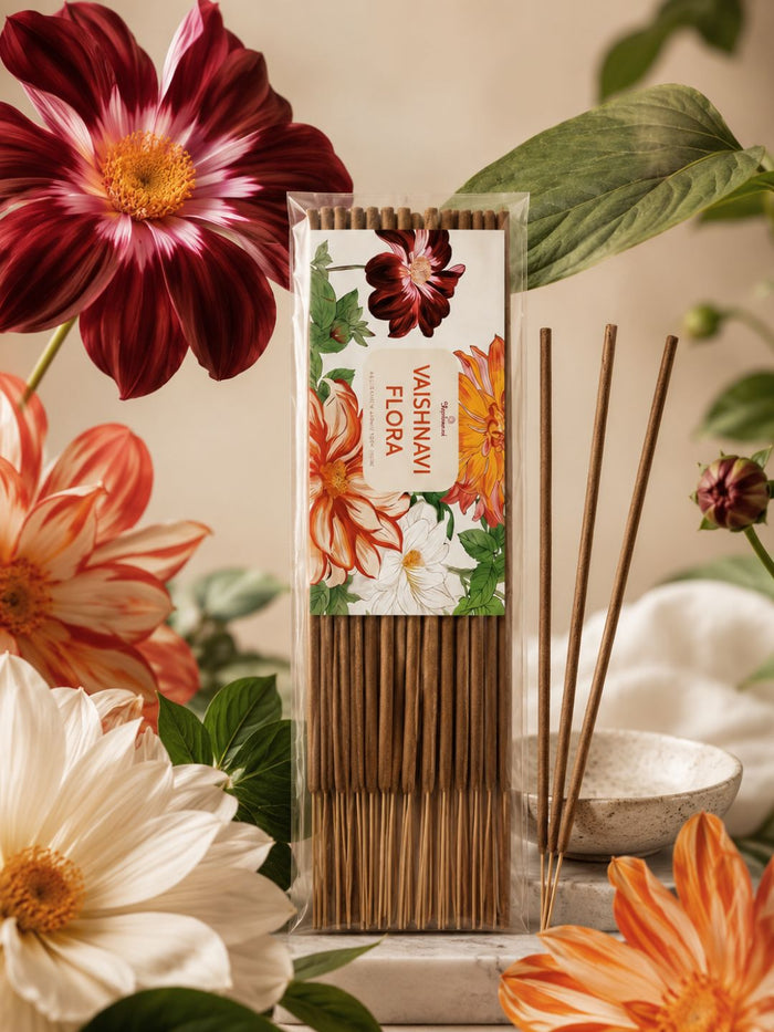 Floral incense sticks pack with printed blossoms and unlit sticks