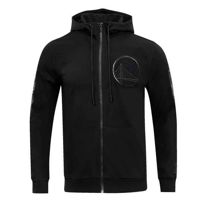 High-quality Pro Standard Golden State Warriors zip-up hoodie in solid triple black color with detailed team logo embroidery