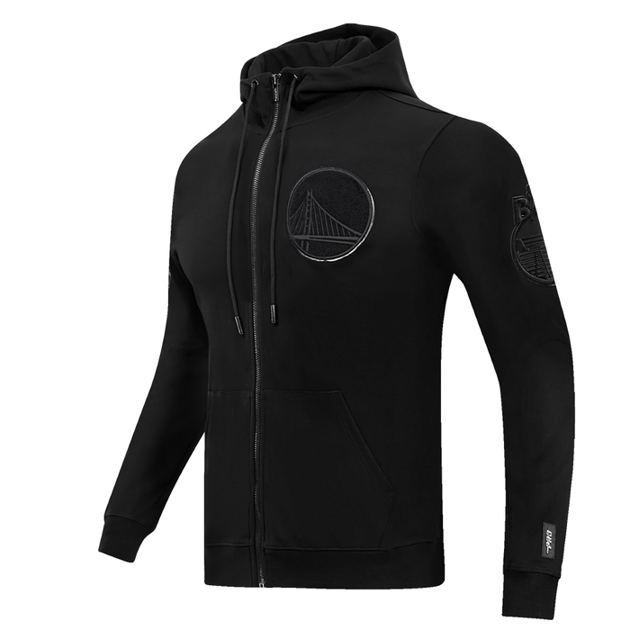 Close-up of the Pro Standard Golden State Warriors classic zip-up hoodie featuring a sleek black design and premium fabric quality