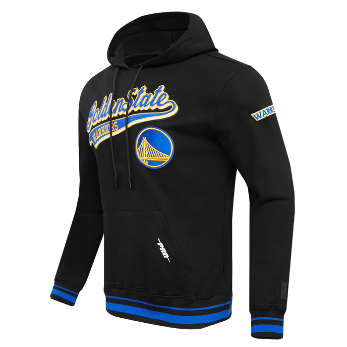 SKU BGW5515440-BRB Black Golden State Warriors script hoodie with fleece lining and relaxed fit