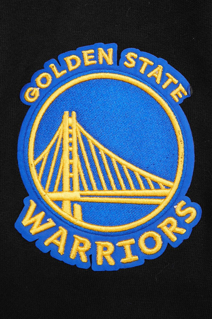 Golden State Warriors Script Tail Hoodie in black with ribbed cuffs and pouch pocket