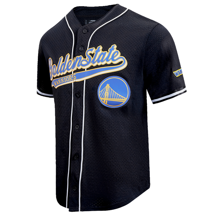 Golden State Warriors script tail mesh button-up jersey in black color, made from 100% polyester fabric