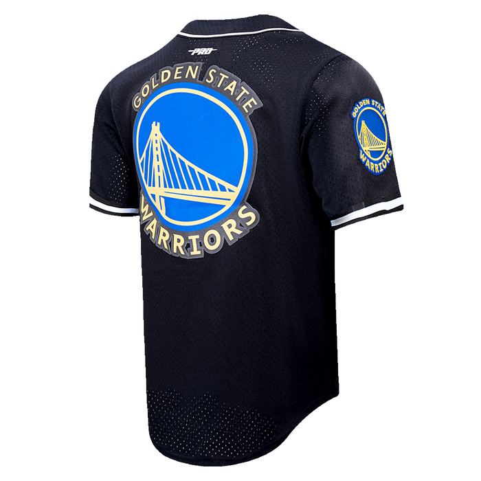 Black Pro Standard Golden State Warriors mesh jersey featuring script tail design and button-up style made of 100% polyester