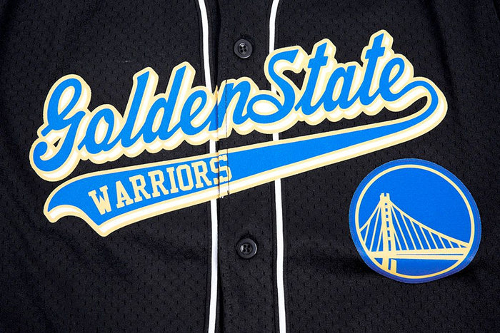 Black Pro Standard Golden State Warriors jersey featuring script tail design, mesh material, and button-up style for fans and collectors