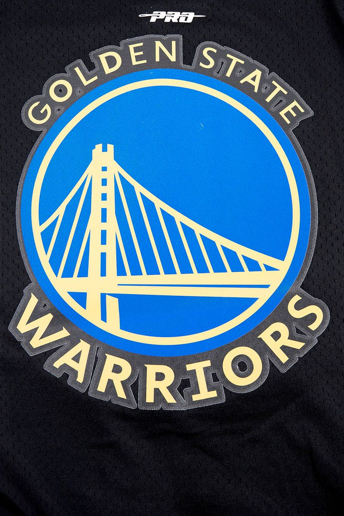 High-quality black Golden State Warriors jersey with detailed script tail logo, crafted from 100% polyester, perfect for sports enthusiasts