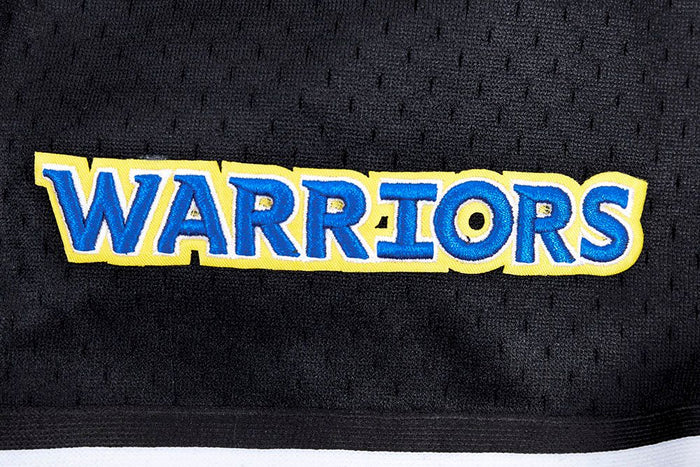 Pro Standard Black Golden State Warriors mesh jersey with button-up front, featuring iconic script tail logo, made entirely of polyester