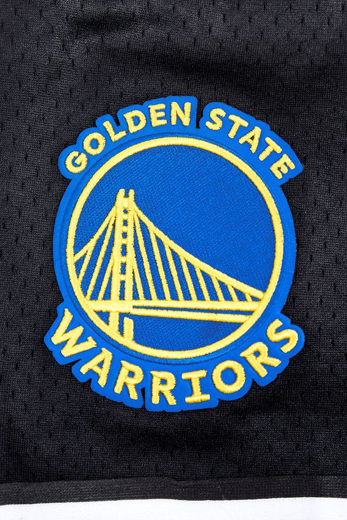 Stylish black Golden State Warriors jersey with mesh construction, button-up closure, and detailed script tail branding, composed of 100% polyester