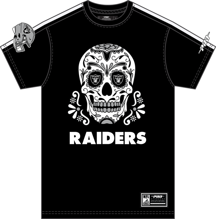 Black Pro Standard Las Vegas Raiders Sugar Skull Striped Tee with intricate skull design and team colors