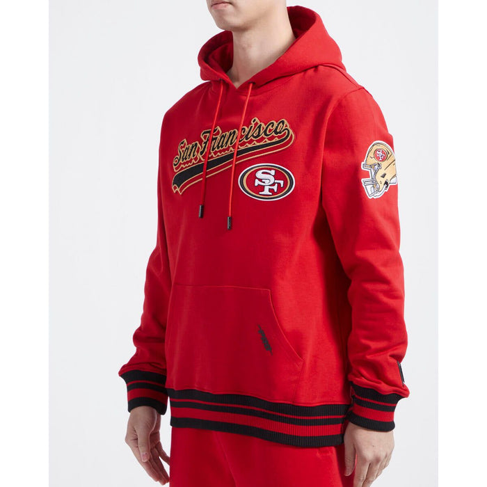 Red and black Pro Standard San Francisco 49ers Script Tail Rib FLC PO Hoodie, featuring the team's logo and a comfortable fit