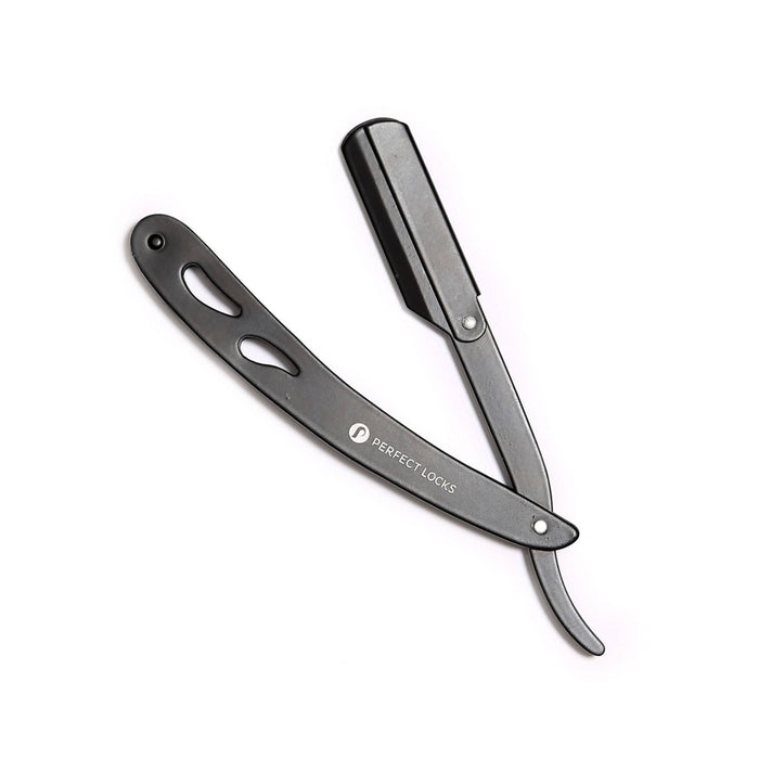 A sleek black straight razor with a folding handle, two oval cutouts, "PERFECT LOCKS" printed, blade contrasts on white background.