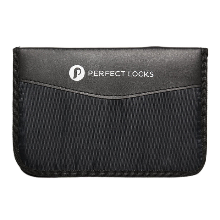 A sleek black pouch with a flap, labeled Perfect Locks in bold white text on the front and featuring a simple logo above the brand name.