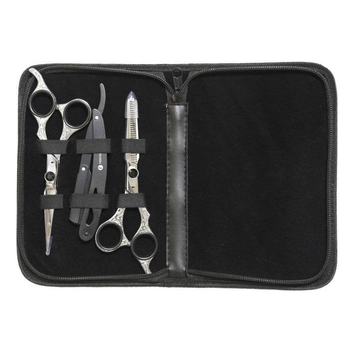 An open black zippered case holds three pairs of hair cutting scissors and a straight razor, secured on the left; right side is empty.