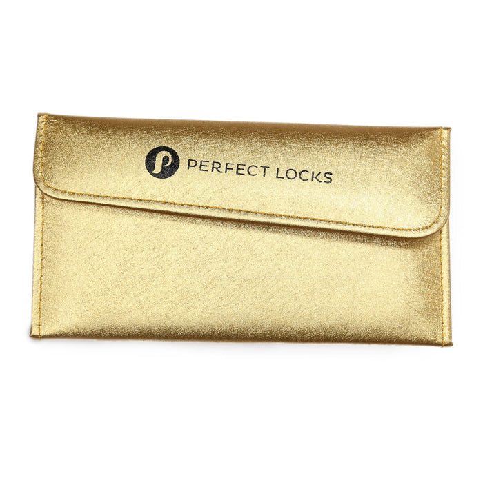 A gold, rectangular envelope-style pouch with a flap, featuring the Perfect Locks logo and name in black on the front.