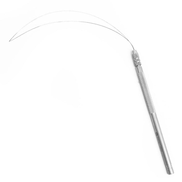 A surgical needle holder with a curved suture needle attached, featuring a long, textured metal handle and thin wire loop for suturing.