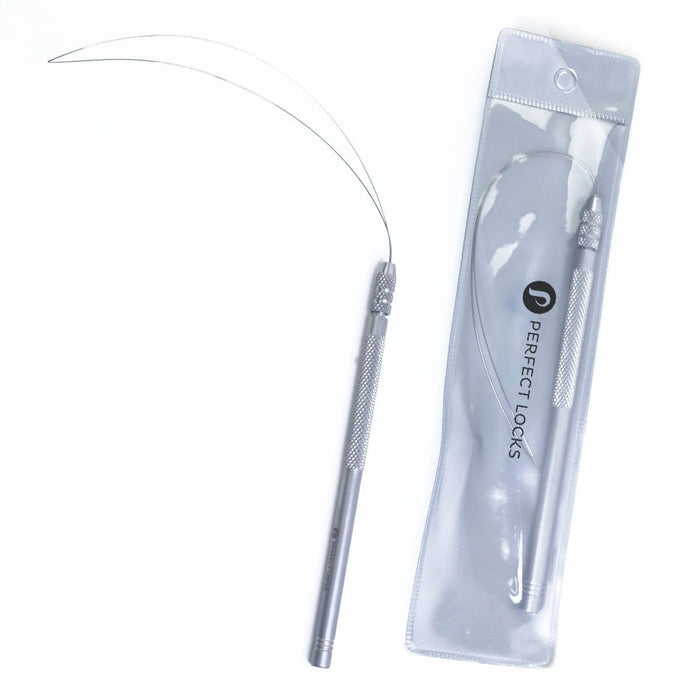 A metallic Perfect Locks hair extension loop tool with a thin wire loop and textured handle, shown beside clear plastic packaging.