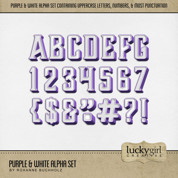 These sweet purple and white alphabet and number digital scrapbooking embellishments by Lucky Girl Creative digital art are easy to use for everyday digital scrapbook page titles and special occasions such as Easter, spring, and summer pages. The Purple & White Alpha Set consists of a full set of digital art uppercase alphabet letters A-Z, numbers 0-9, and most punctuation marks. This alpha set is available as individual embellishments only. This kit is included in the Easter Sweet Shop Bundle.