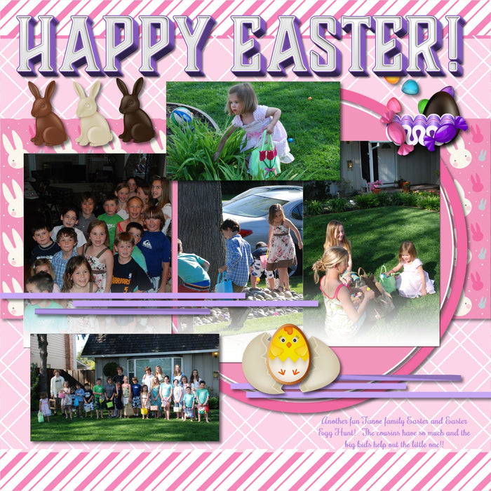 Add these sweet embellishments, patterned papers, clusters, and 2 alpha sets by Lucky Girl Creative digital art to all your Easter digital scrapbooking pages! In hues of pink, yellow, purple, and blue, these sweet elements will add so much fun to all your Easter projects including greeting cards and holiday decor. Embellishments include Easter basket, Easter eggs for Egg Hunt, cake pop, lollypop, sucker, candy cane, candy corn, milk chocolate, white chocolate, dark chocolate, Easter bunny, chick, cookie