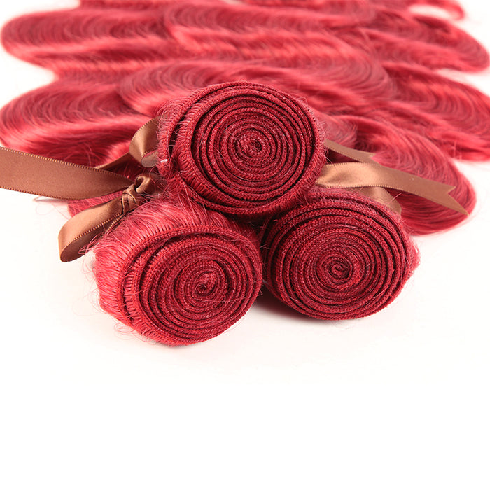 machine weft red color wavy human hair bundles