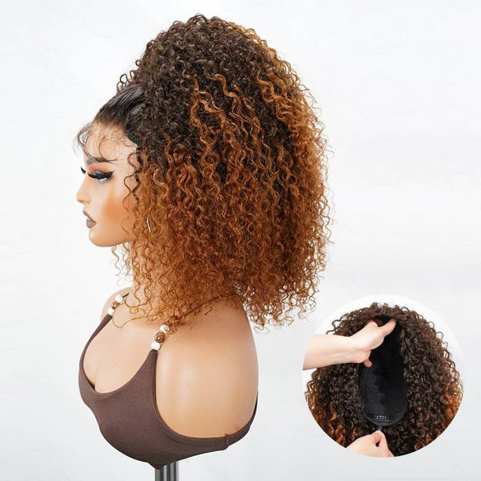natural look curly human hair wigs, brown ombred color black roots