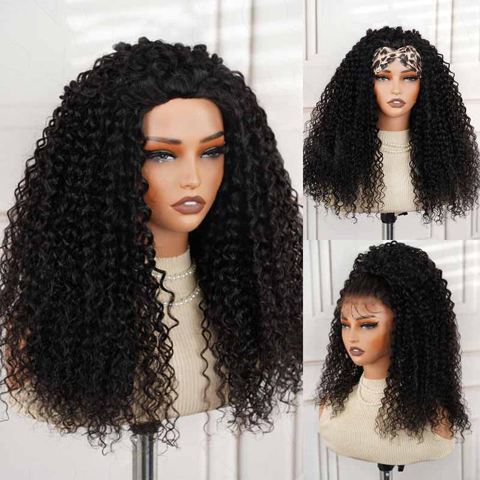 QVR glueless water wave half wig styled in three ways, showcasing natural black curls for versatile looks.