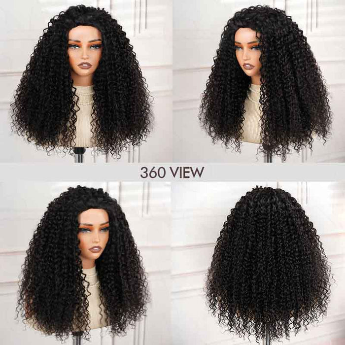 QVR Glueless Water Wave Half Wig 250% Density Human Hair Wig in Natural Black 360-degree view