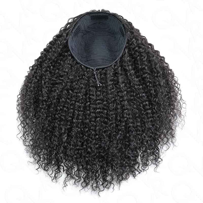 QVR Glueless Water Wave Half Wig with 250% density in natural black color, showing curly texture on top.