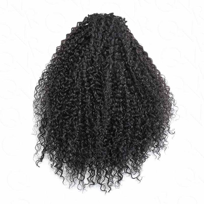 QVR glueless water wave half wig with 250% density in natural black color, showcasing voluminous curls.