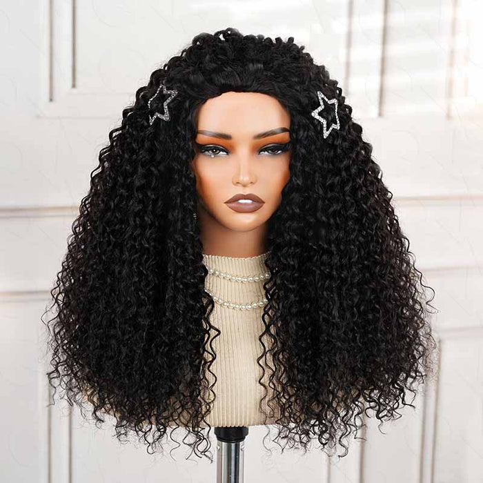 QVR glueless water wave half wig 250% density human hair wig in natural black, showcased on a mannequin.