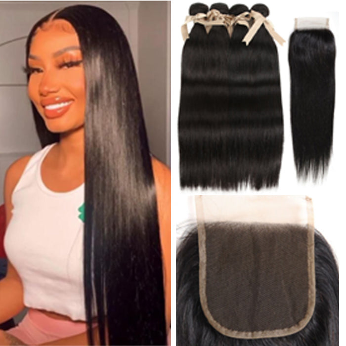 natural black straight human hair bundles with 4x4 lace closure hair weave
