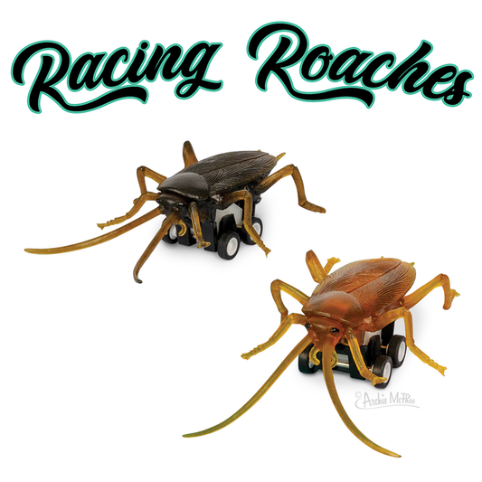Two lively toys on wheels race beneath the "Racing Roaches" text, embodying the vibrant essence of cockroach races with their animated vinyl and plastic designs.