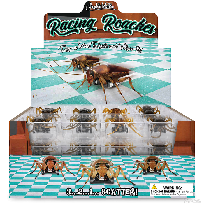 A display box of Racing Roaches toys features a dynamic checkered design and an important product warning label, capturing the excitement of cockroach racing.