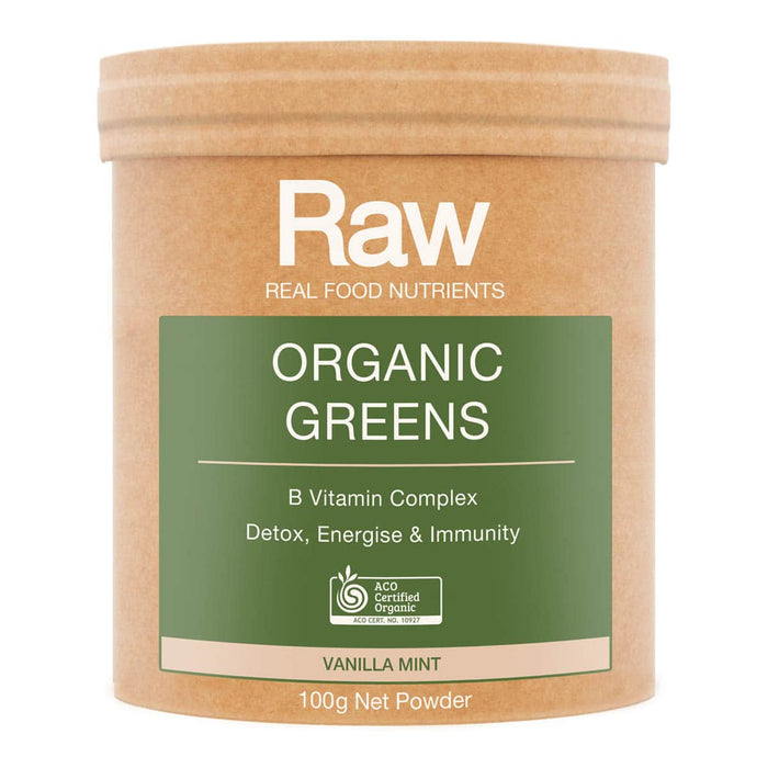 Front of container of Amazonia Raw Organic Greens - Vanilla Mint 100g.