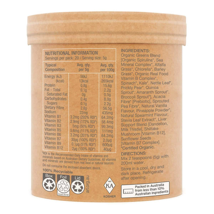 Side of container of Raw Organic Greens with nutritional information panel and ingredients.