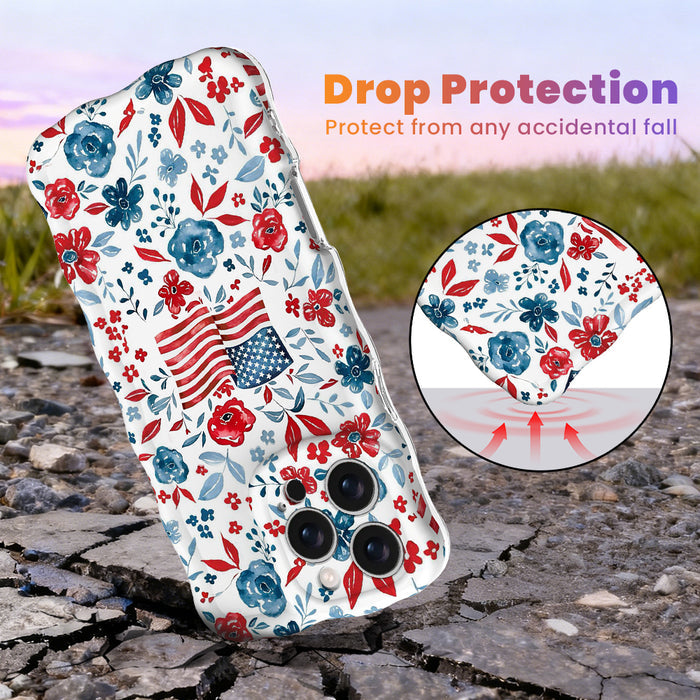 Trendy wavy iPhone case featuring an American flag illustration surrounded by a red and blue watercolor floral pattern with a high-gloss finish.