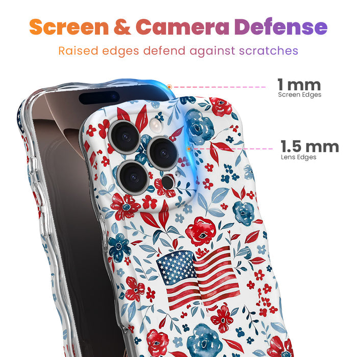 Trendy wavy iPhone case featuring an American flag illustration surrounded by a red and blue watercolor floral pattern with a high-gloss finish.