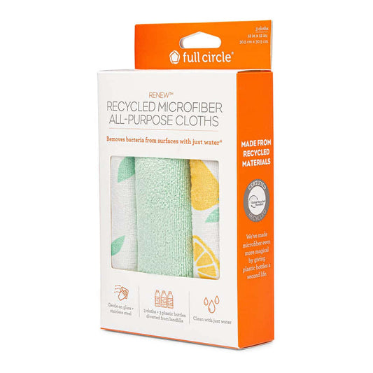 Packaging of recycled microfiber all-purpose cloths with 'full circle' branding.