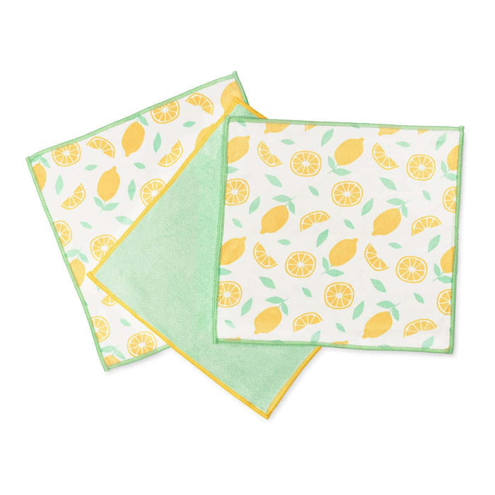 Three square microfibre dishcloths with a lemon and citrus slice pattern on a white background, and a plain mint green design with yellow border trim, displayed on a clean white background.