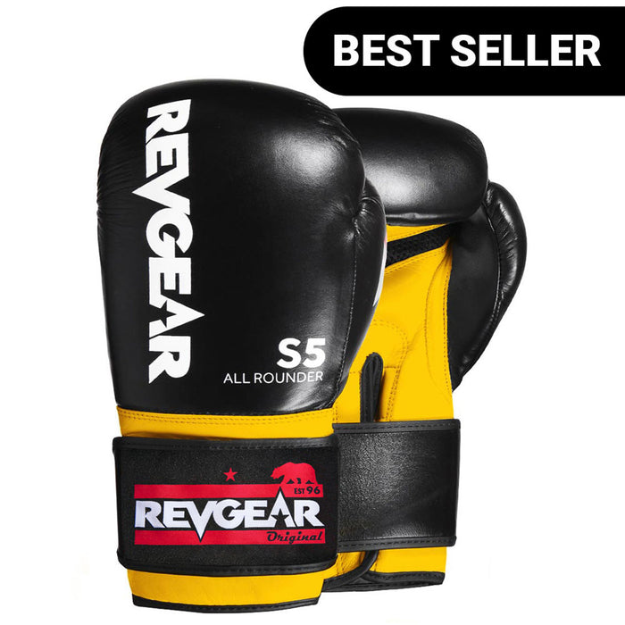 REVGEAR S5 ALL ROUNDER LEATHER BOXING GLOVES BLACK-YELLOW