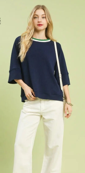 Ribbed Knit Top with Contrast - Coastal Elegance