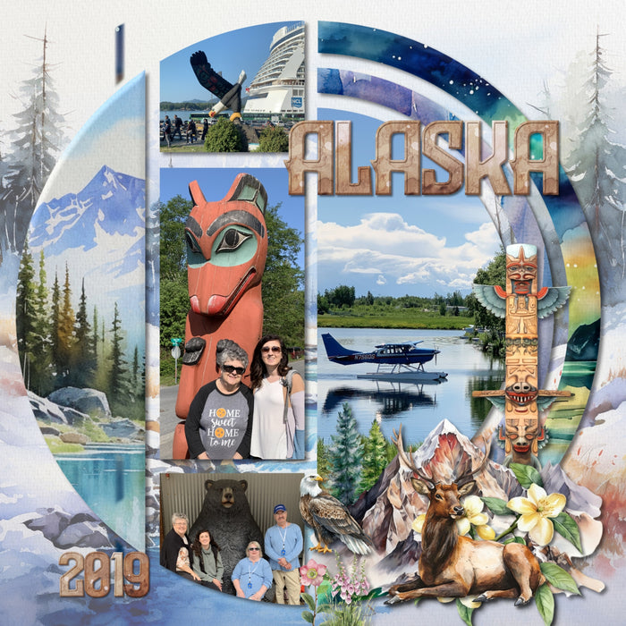 Adventure and explore Alaska with this beautiful watercolor bundle containing embellishments, scenic papers, easy-to-use clusters, overlays, and rock alpha set by Lucky Girl Creative digital art. Great for outdoors, nature, camping, vacations to Alaska, and holidays to Canada. Embellishments include badger, bear, beaver, clams, deer, reindeer, stag, elk, dog sled, Husky dog, dolphin, eagle, fish, bass, salmon, trout, fox, hawk, moose, mountain goat, musk ox, polar bear, sea otter, walrus, Beluga, whale.