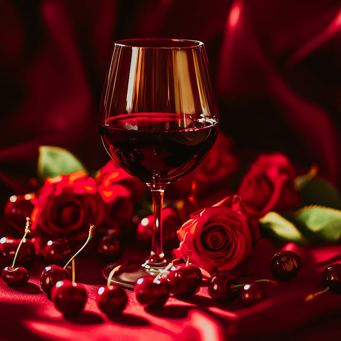 A glass of red wine is displayed, surrounded by roses and cherries, against a red background, representing the fragrance oil's romantic and fruity notes.