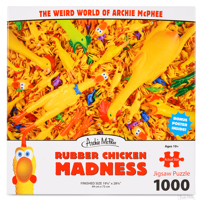 The Rubber Chicken Madness Puzzle is a 1000-piece set featuring quirky rubber chickens on the cover, offering an entertaining challenge.